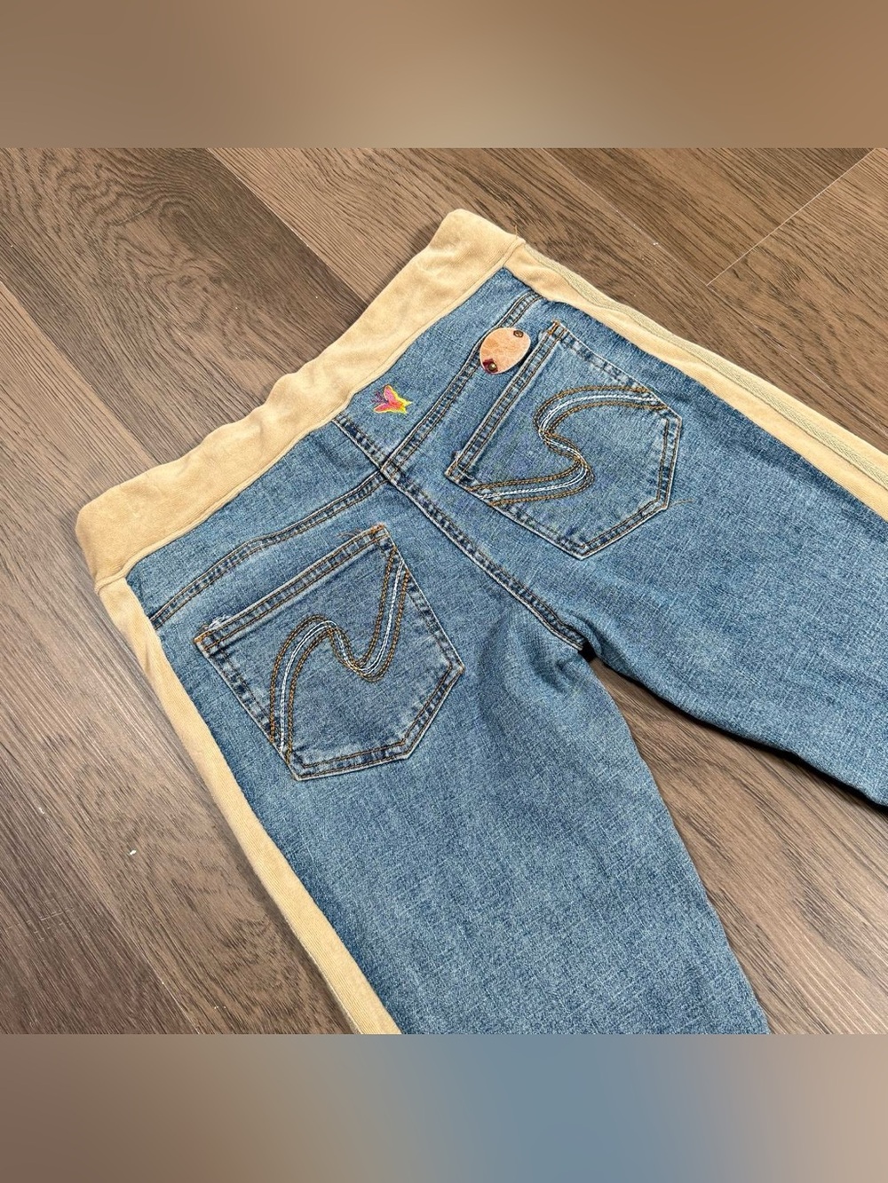 Vintage Women’s tracksuit Blue Denim Jeans with Beige Side Panels